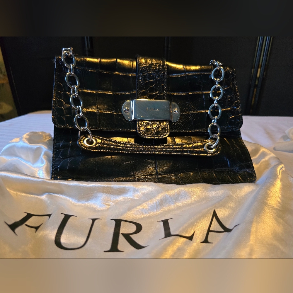 Furla Black Croc-Embossed Leather Bag